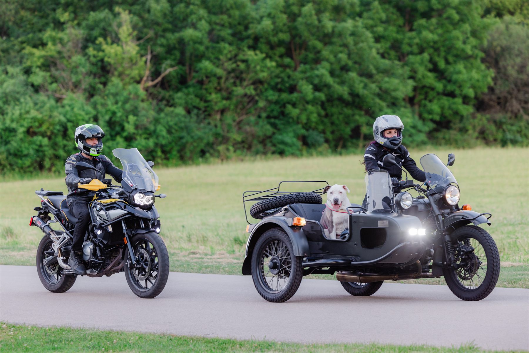 Two motorcycles out on a country road, one with a dog riding along in the sidecar